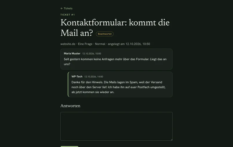 Ticket im Kundenportal: Frage, ob die Mails aus dem Kontaktformular ankommen, mit Antwort von WP-Tech und Status Beantwortet