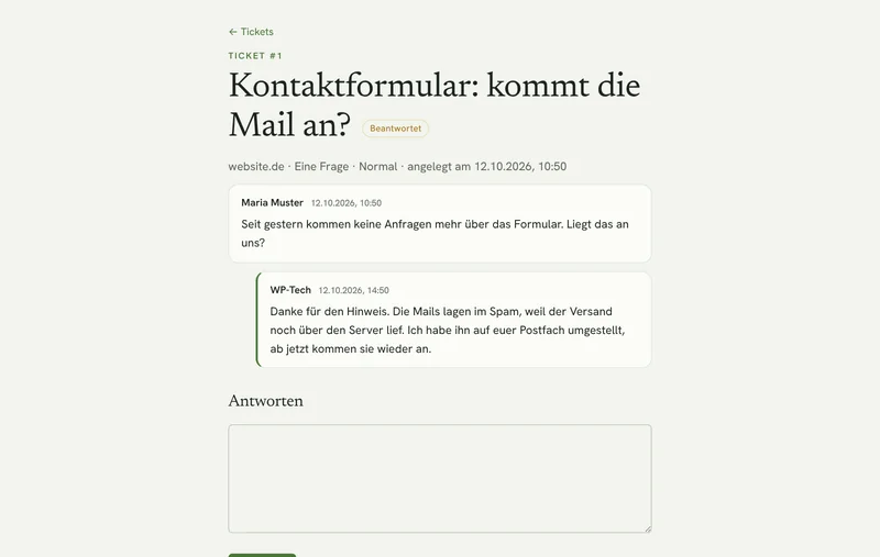 Ticket im Kundenportal: Frage, ob die Mails aus dem Kontaktformular ankommen, mit Antwort von WP-Tech und Status Beantwortet
