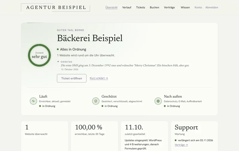 Kundenportal unter der Marke einer Agentur: Logo Agentur Beispiel, Übersicht der Bäckerei Beispiel mit Zustand perfekt und den Gruppen Läuft, Geschützt und Nach außen