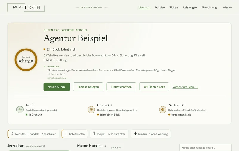 Partnerbereich für Agenturen: Übersicht mit Zustand aller Kundenseiten, Hinweisen zu Sicherung, Firewall und E-Mail-Zustellung und Kennzahlen zu Websites, Tickets, Projekten und Kunden