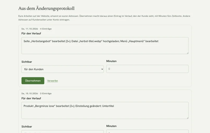 Vorschläge aus dem Änderungsprotokoll im Partnerbereich: bearbeitete Seiten, hochgeladene Datei und Menü als Eintrag für den Verlauf mit Feld für Minuten